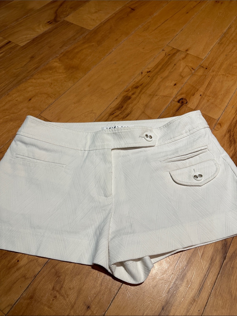 Textured White Women's Tina Turk Shorts with Button Detail